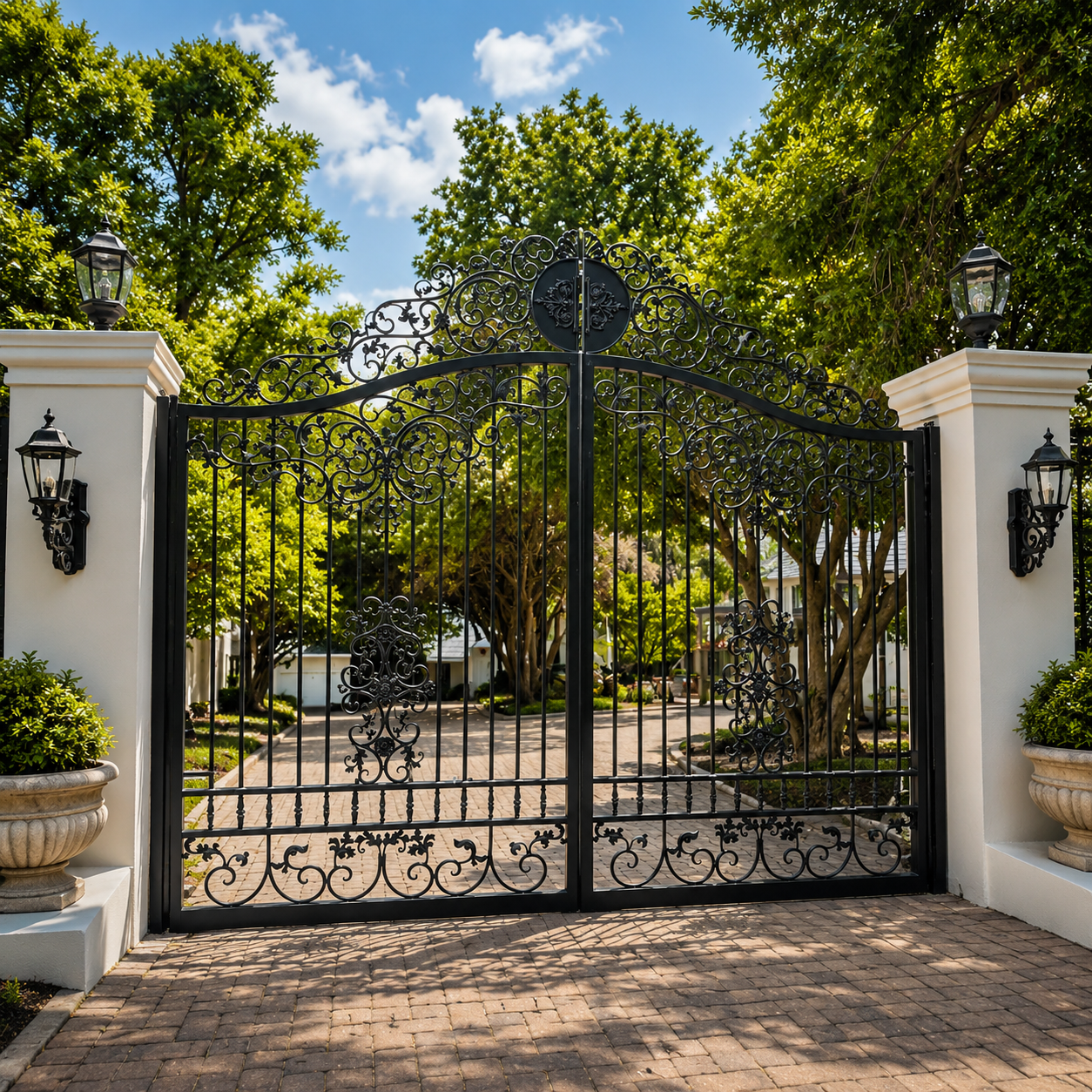Black ornate wrought iron driveway gate
